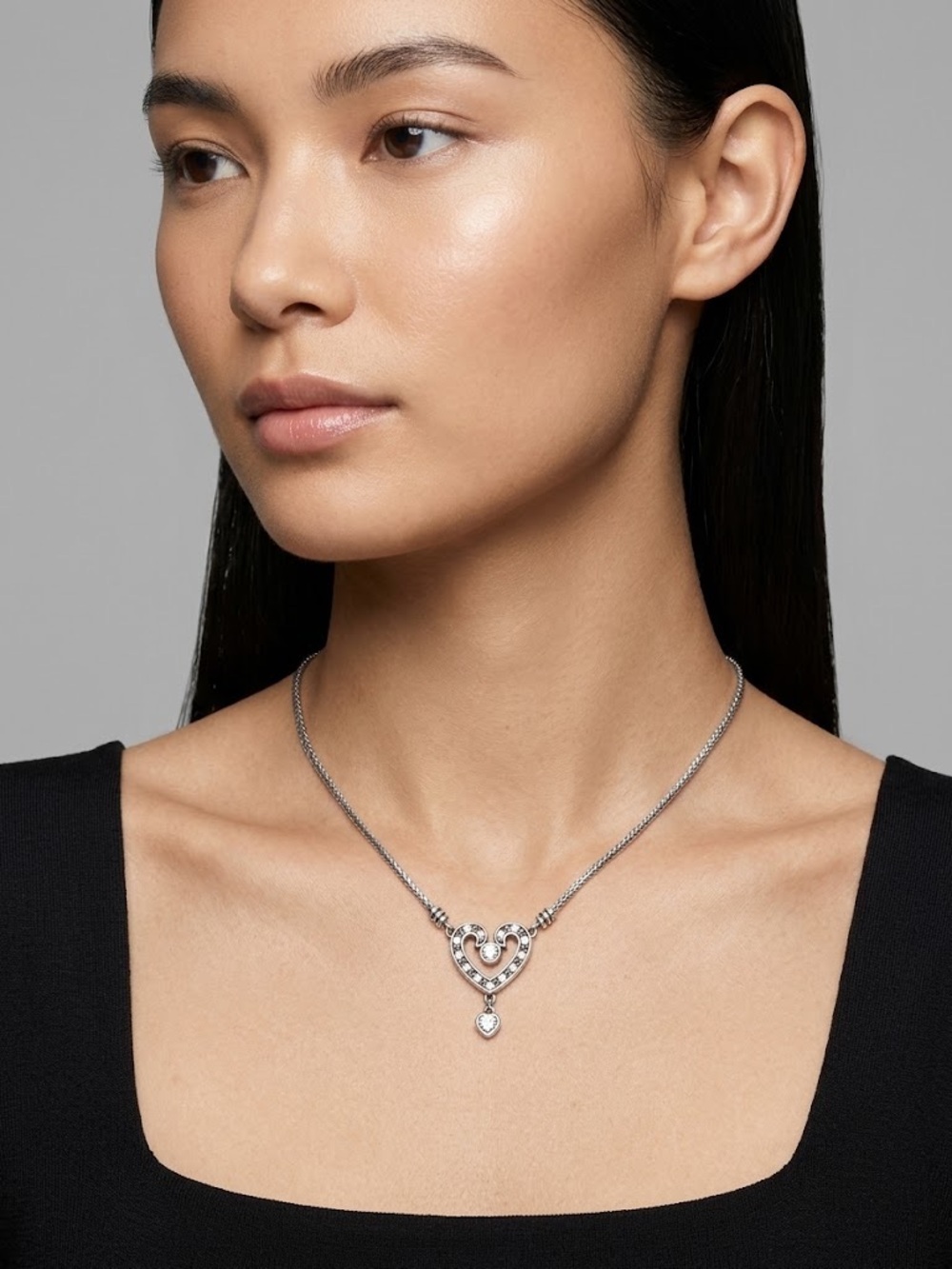 Brighton Silver Tone Crystal Open Heart Pendant Necklace